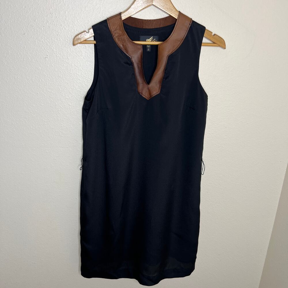 Akiko Black Silk Shift Dress Leather Collar Small